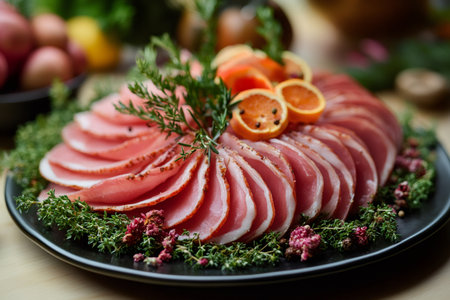 Thinly sliced ham garnished with fresh herbs and orange slices, creating an elegant centerpiece for a festive mealの素材