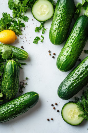Fresh cucumbers, herbs, lemon and spices arranged on a white background, creating a frame with copy spaceの素材