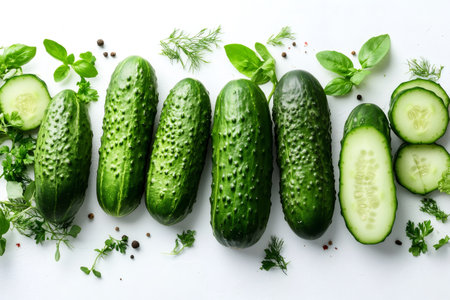 Fresh cucumbers, herbs, and spices creating a vibrant and healthy culinary sceneの素材
