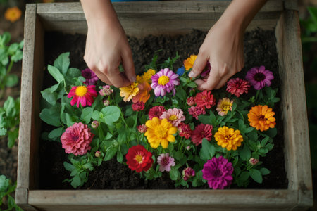Woman planting colorful flowers in wooden planter box, gardening and planting conceptの素材