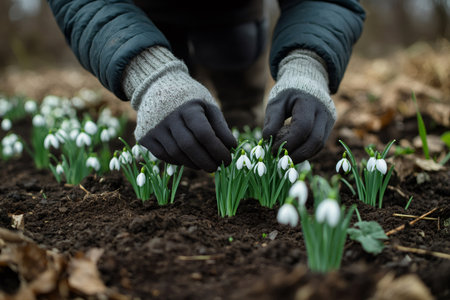 Gardener wearing gloves planting snowdrop flowers in rich dark soil during the springtime seasonの素材