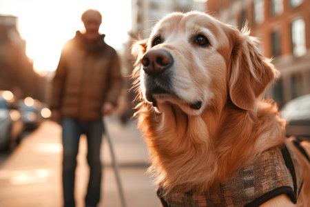 Golden retriever wearing a harness enjoying a walk with its owner in a city street during sunsetの素材