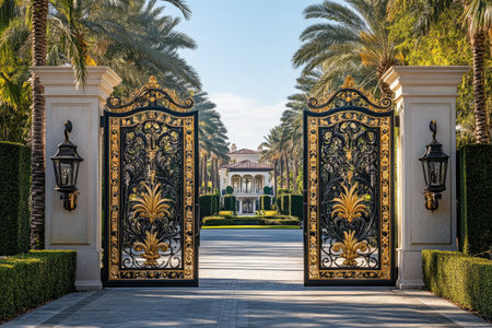 Wrought iron and gold open gate revealing access to a luxury villa in a tropical locationの素材