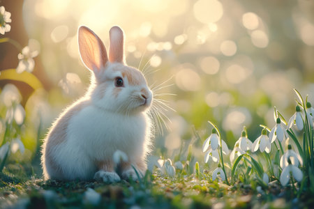 Adorable white and brown baby rabbit enjoying a peaceful moment in a meadow filled with snowdrop flowers at sunsetの素材