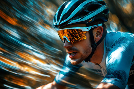 Male cyclist wearing helmet and sunglasses during road race, cycling on road with motion blurの素材