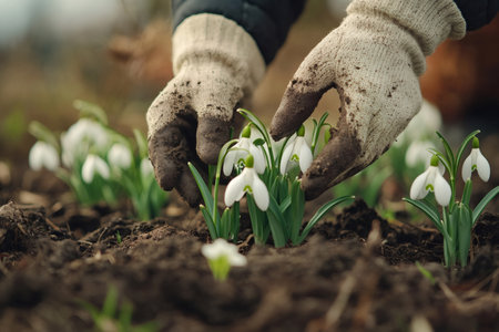 Gardener wearing gloves plants snowdrop flowers in rich dark soil, celebrating the arrival of springtime and new beginningsの素材