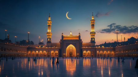 Nabawi mosque glowing under crescent moon at dusk with pilgrims prayingの素材