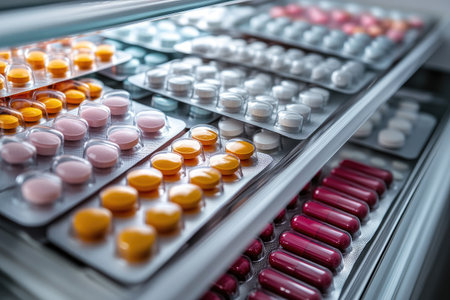 Shelves filled with different colored pills and bottles in a well organized storageの素材