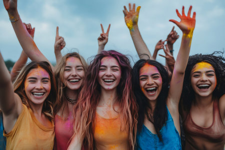 Group of female friends covered in colored powder enjoying holi festival, raising their arms and smilingの素材