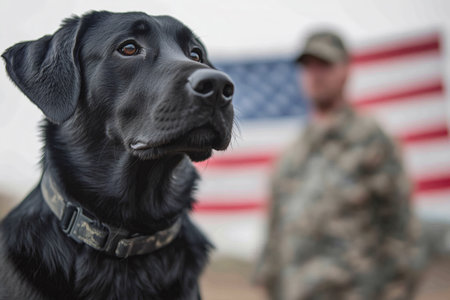 Military working dog posing proudly with a soldier and american flag in the backgroundの素材