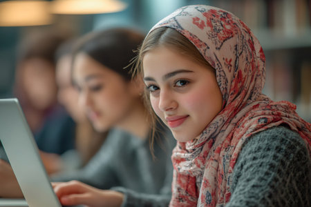 Portrait of a smiling Muslim student girl wearing a hijab and using a laptop in a libraryの素材