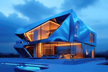 Luxurious futuristic metallic villa reflecting blue light at sunset with illuminated poolの素材