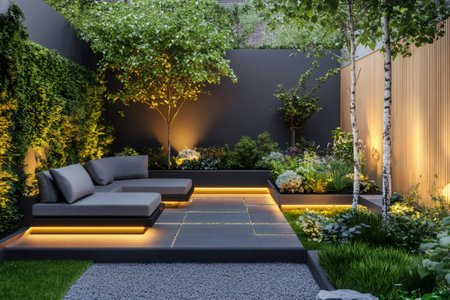Small, modern garden design featuring warm led strip lights and lush greenery, creating a peaceful and inviting atmosphere at nightの素材