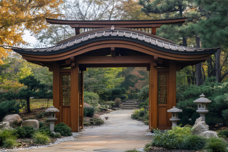 Stone path passing through traditional Japanese gate with curved roof in peaceful botanical gardenの素材