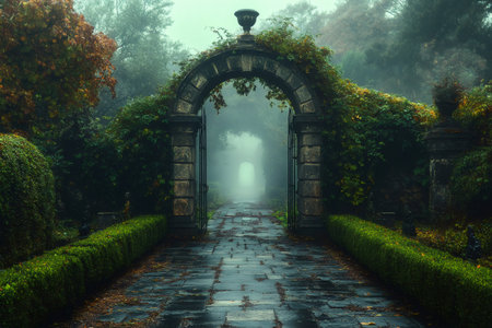 Open iron gate under a stone arch covered with vines leads to a foggy path in a mysterious gardenの素材