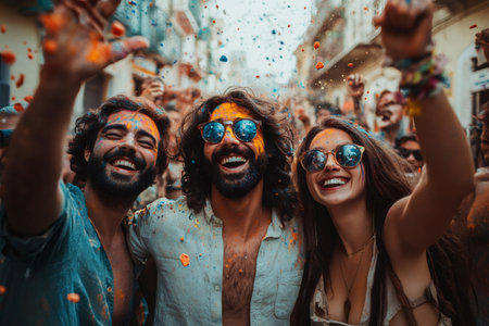 Group of friends celebrating holi festival, throwing colored powder in the airの素材