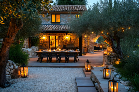 Lanterns illuminate a gravel pathway leading to a patio dining area in front of a charming stone house at duskの素材