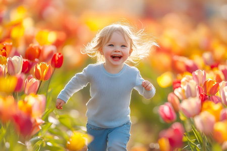 Adorable toddler enjoys a sunny spring day running through a vibrant tulip field, expressing pure joy and freedomの素材