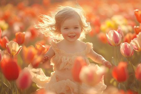 Cute toddler girl running and enjoying freedom in beautiful field of colorful tulips at sunsetの素材