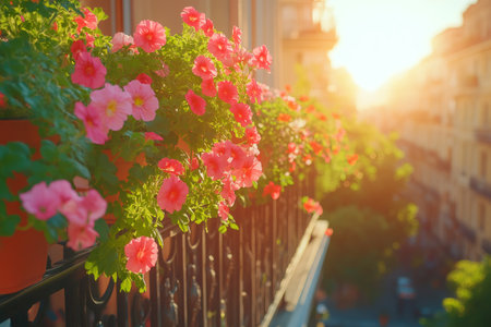 Beautiful pink petunias thriving in pots on a balcony railing, bathed in the warm glow of a golden hour sunsetの素材