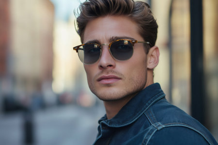 Portrait of a fashionable young man wearing stylish sunglasses in a city environmentの素材