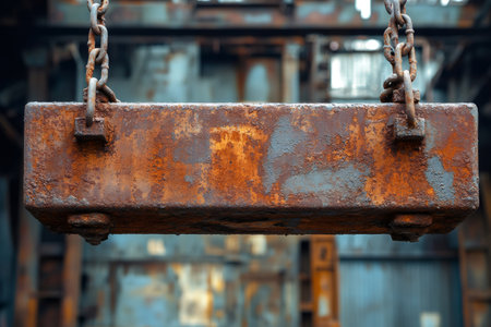 Heavily rusted metal block suspended by chains in an industrial environmentの素材