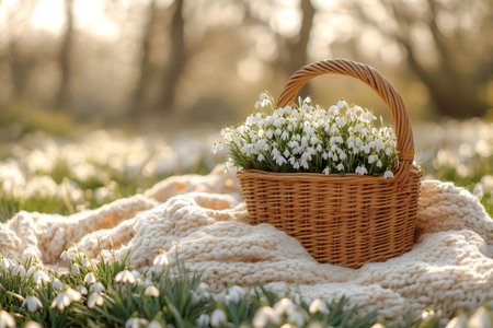 A wicker basket full of delicate snowdrops sits on a soft knitted blanket in a sun-drenched spring meadowの素材