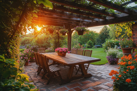 Tranquil garden setting with a wooden table under a pergola, bathed in the warm glow of the setting sun, surrounded by vibrant flowers and lush greeneryの素材