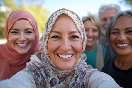 Diverse group of friends taking a selfie outdoors, celebrating their friendship and cultural diversityの素材