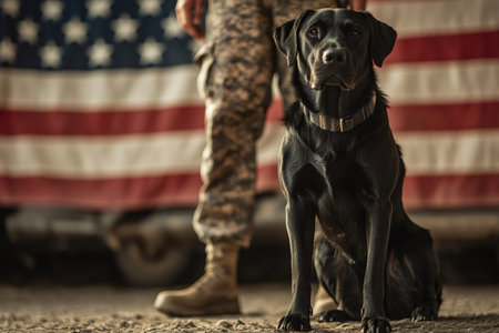 Black labrador military working dog sitting near soldier with american flag backgroundの素材