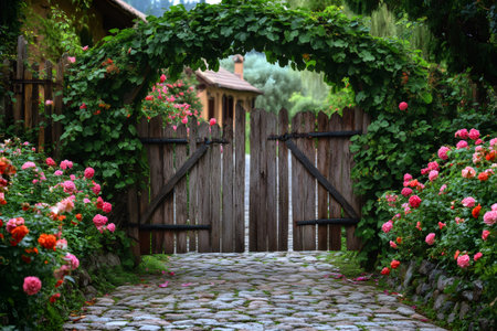 Cobblestone path leading through an open wooden gate, under a green arch, into a vibrant garden full of colorful rosesの素材