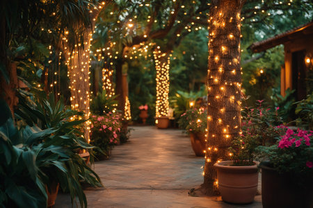 String lights illuminate a garden pathway at dusk, creating a warm and inviting ambianceの素材