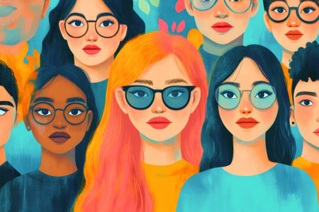 Colorful illustration celebrating diversity and female empowerment, featuring women from different ethnic backgrounds wearing eyeglassesの素材