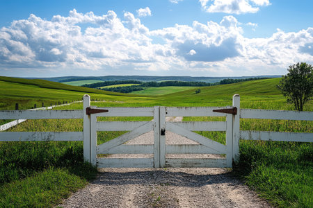 Open white wooden gate leading to green fields in the countryside, promising tranquility and escapeの素材