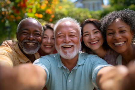 Group of cheerful multi ethnic friends taking a selfie together in a park, enjoying their time and smilingの素材