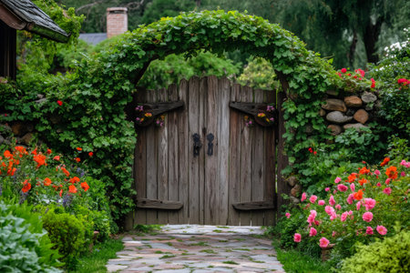 Picturesque garden with blooming flowers and an old wooden gate covered with climbing plants, creating a charming and inviting entranceの素材