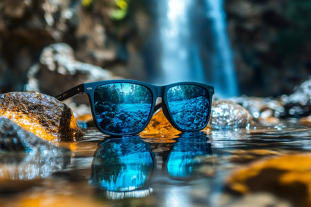 Stylish sunglasses are reflecting a beautiful waterfall in a tropical paradiseの素材