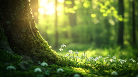 Warm sunlight illuminating delicate white snowdrop flowers blossoming near a mossy tree trunk in a lush green forest, capturing the essence of springの素材