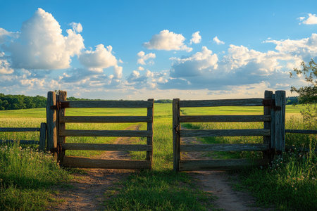 Wooden gate opening to a green field under a cloudy sky, inviting to explore the countrysideの素材