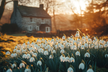 Snowdrops flourish in morning light near a quaint stone cottageの素材