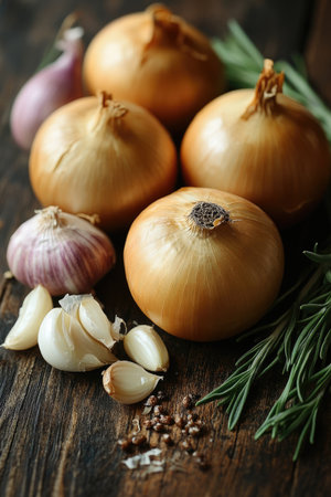 Fresh onions and garlic arranged with rosemary on a wooden surfaceの素材
