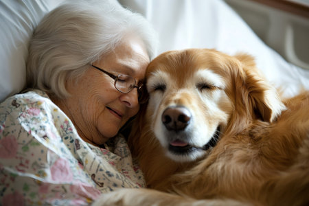 Senior woman resting peacefully with her golden retriever dog in bed, enjoying a moment of affection and companionshipの素材