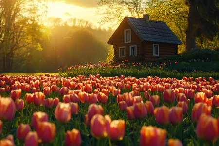 Red and orange tulips blooming in a field in front of a wooden cabin at sunset, creating a picturesque rural sceneの素材
