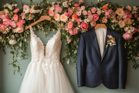 White bridal gown and dark groom suit hanging on a wall decorated with pink and peach flowers, ready for the wedding ceremonyの素材