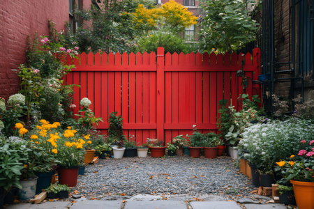 Vibrant red picket fence stands as a colorful backdrop to a variety of potted plants and flowers, creating a charming urban garden sceneの素材