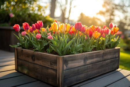 Vibrant tulips blooming in a rustic wooden planter box, adding a touch of spring color to an outdoor settingの素材