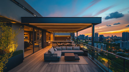 Luxurious rooftop terrace with outdoor furniture, offering breathtaking views of the city skyline during a vibrant sunsetの素材