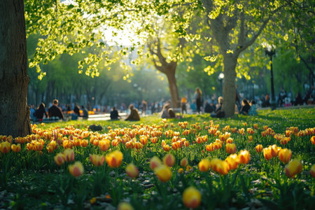 Yellow and orange tulips blooming in a city park during a sunny spring day with people relaxing in the backgroundの素材