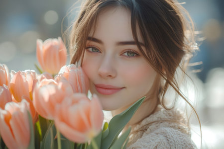 Portrait of a beautiful young woman holding a bouquet of orange tulips and smiling in springの素材