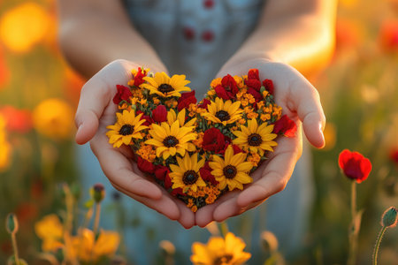 Hands presenting a heart-shaped arrangement of vibrant flowersの素材